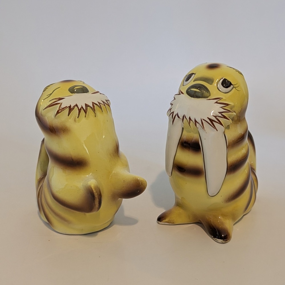 Vintage‎ Norcrest Japan WALRUS Yellow & Brown Stripe Salt & Pepper Shakers H643